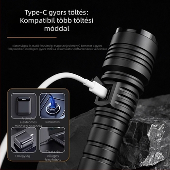 Tölthető hordozható LED zseblámpa - 30W, 1500lm, hatótáv 1000m, Type-C töltés, IPX6, kültéri használatra