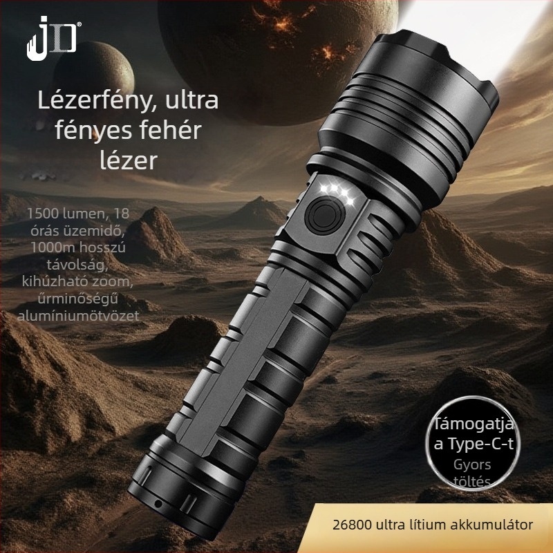 Tölthető hordozható LED zseblámpa - 30W, 1500lm, hatótáv 1000m, Type-C töltés, IPX6, kültéri használatra