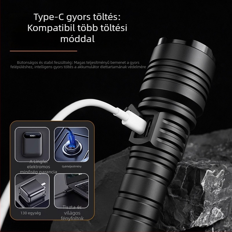 Tölthető hordozható LED zseblámpa - 30W, 1500lm, hatótáv 1000m, Type-C töltés, IPX6, kültéri használatra