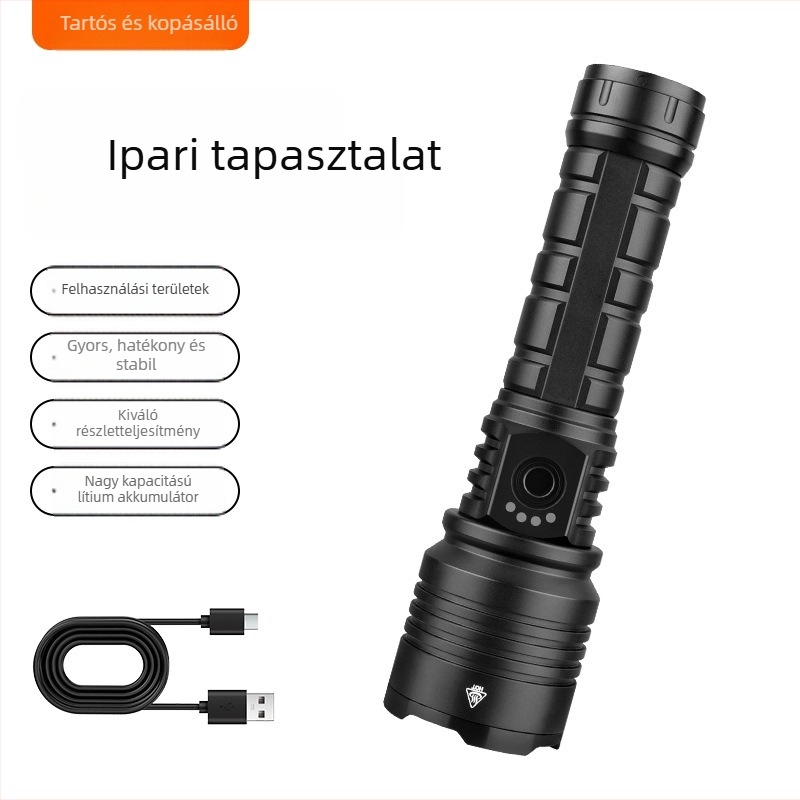 Tölthető hordozható LED zseblámpa - 30W, 1500lm, hatótáv 1000m, Type-C töltés, IPX6, kültéri használatra