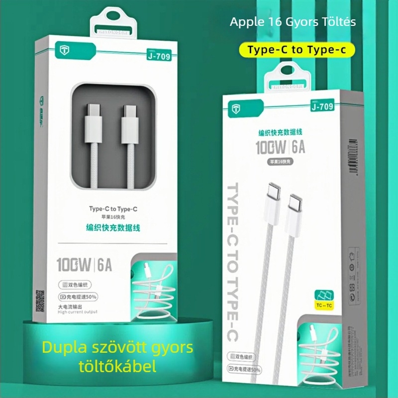USB-C típusú szövött gyors töltőkábel, 1–2 m, egyfejű csatlakozó