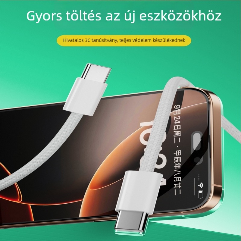 USB-C típusú szövött gyors töltőkábel, 1–2 m, egyfejű csatlakozó