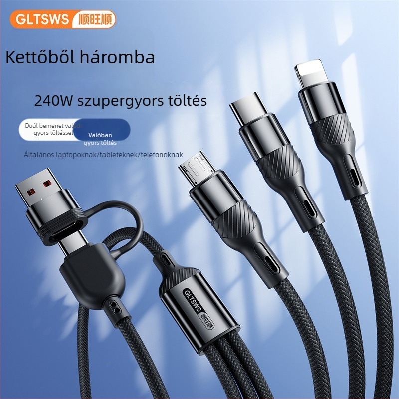 PD240W többportos gyors töltőkábel Lightning/Micro USB/Type-C - 1-2 m, 2-3 kimenet, szövött kábel