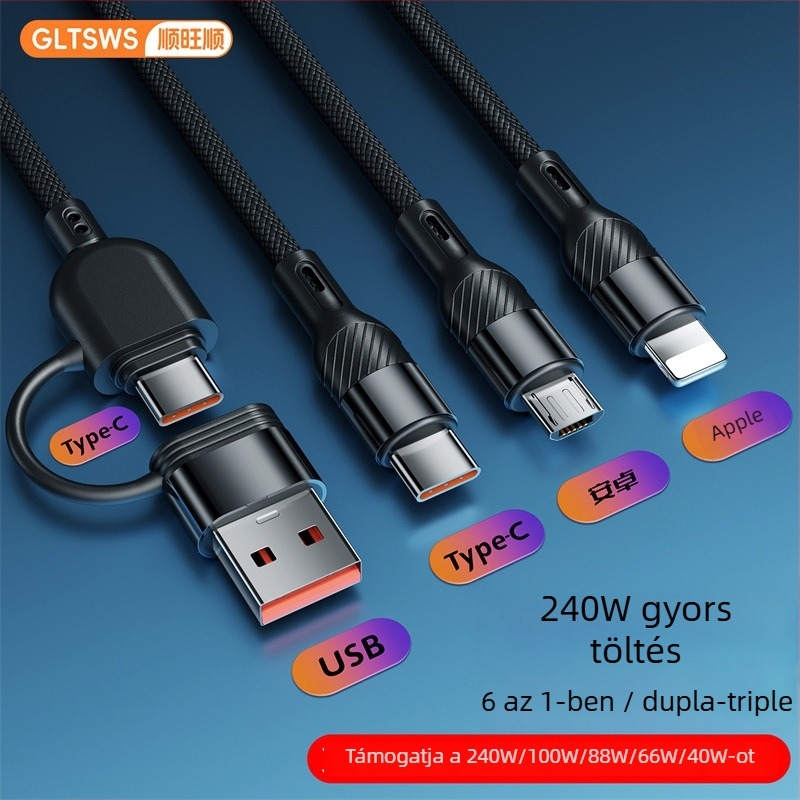 PD240W többportos gyors töltőkábel Lightning/Micro USB/Type-C - 1-2 m, 2-3 kimenet, szövött kábel