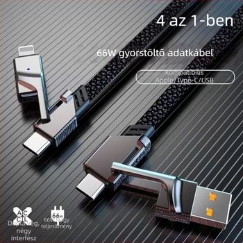 4 az 1-ben töltőkábel USB-C, Lightning és Micro USB csatlakozókkal, PD-ig 65W, fonott, 1-2 m hosszú, fekete-szürke