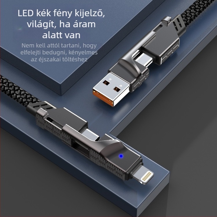 4 az 1-ben töltőkábel USB-C, Lightning és Micro USB csatlakozókkal, PD-ig 65W, fonott, 1-2 m hosszú, fekete-szürke