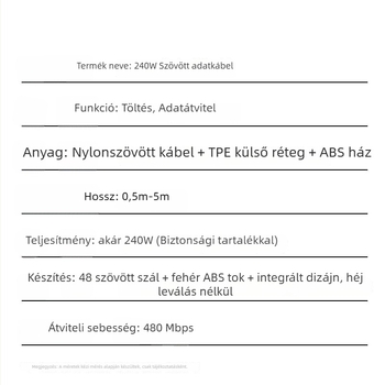 PD240W USB-C Gyors töltésű adatkábel — Hálós kivitel, maximális 30W, Type-C interfész