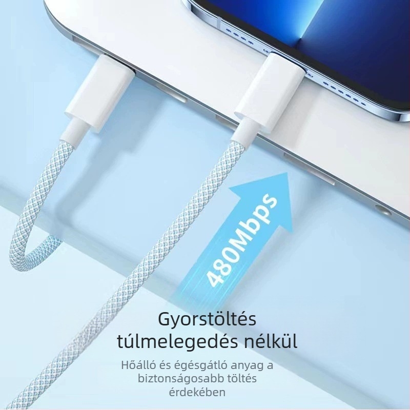 iPhone 15 USB-C gyors töltésű adatkábel, 1–2 m, szőtt dizájn, USB-C csatlakozó, 60W