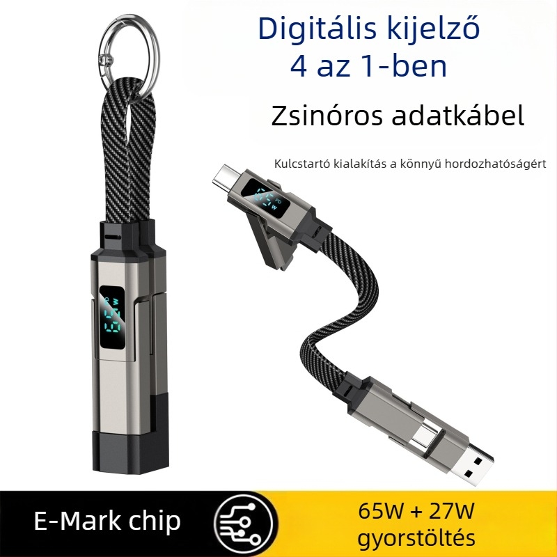 Autóba szerelhető töltőkábel digitális kijelzővel, négy az egyben adatkábel, kompatibil laptopokkal, tablettákkal és okostelefonokkal