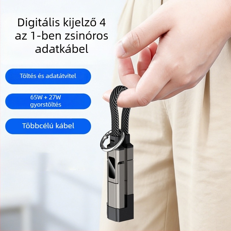 Autóba szerelhető töltőkábel digitális kijelzővel, négy az egyben adatkábel, kompatibil laptopokkal, tablettákkal és okostelefonokkal