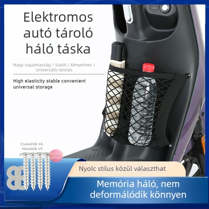 Rugalmas, kétszintes hálós tároló táska elektromos járművekhez, előlapon található háló az elektromos kerékpárhoz, esőkabát akasztó