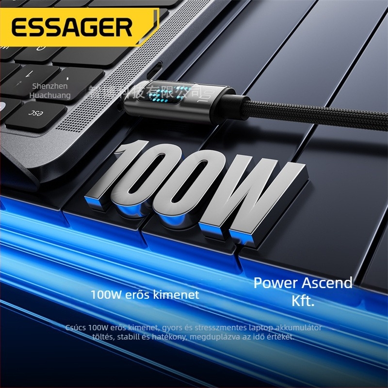 ESSAGER USB Type-C to Type-C 100W PD gyorstöltéshez, telefonhoz, tabletához és laptophoz, 1–2 m hosszú