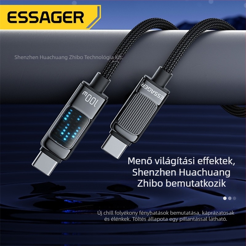 ESSAGER USB Type-C to Type-C 100W PD gyorstöltéshez, telefonhoz, tabletához és laptophoz, 1–2 m hosszú