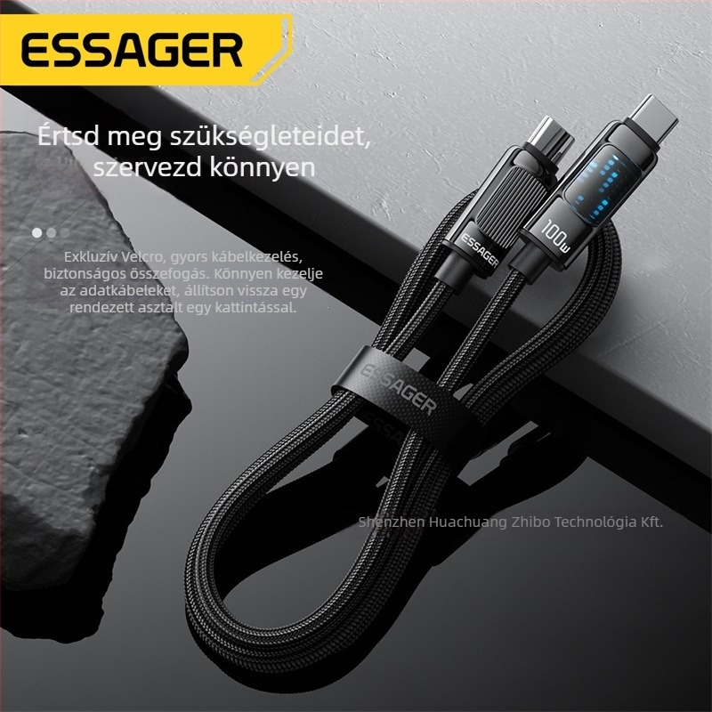 ESSAGER USB Type-C to Type-C 100W PD gyorstöltéshez, telefonhoz, tabletához és laptophoz, 1–2 m hosszú