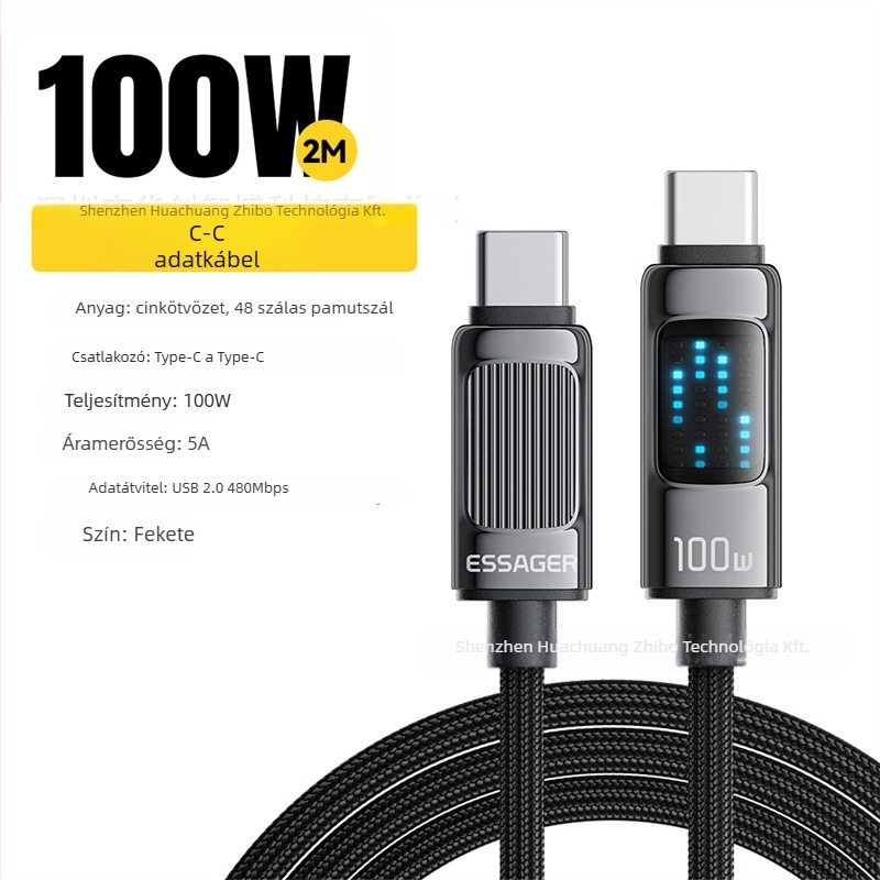 ESSAGER USB Type-C to Type-C 100W PD gyorstöltéshez, telefonhoz, tabletához és laptophoz, 1–2 m hosszú