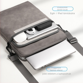 Keresztbody tabletáska nagy kapacitással, ütésálló és vízálló belső zsebbel; Anyag: PU; 13 hüvelykes számítógép méret; Belső: poliészter.