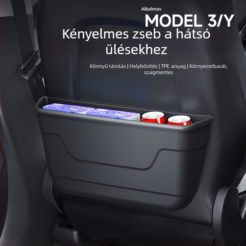 Valódi bőrből készült hátsó ülés tárolódoboz praktikus zsebbel, Tesla Model Y és Model 3 számára (új verzió)