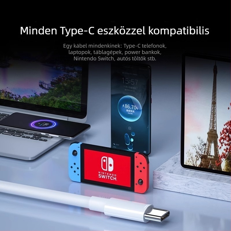 PD240W kétoldalú Type-C USB kábel Huawei/Honor telefonok és iPad tabletek gyors töltéséhez