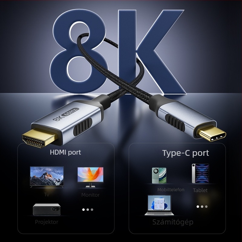 Type-C to HDMI patchkábel mobiltelefonokhoz, laptopokhoz, tabletekhez – 8K60Hz és 4K240Hz, aranyozott réz