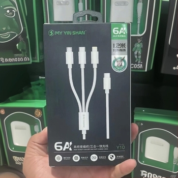 Y10 120W Gyors töltésű adatkábel 1-3-as elosztóval, Lightning, Micro USB és USB-C, 1,2 m