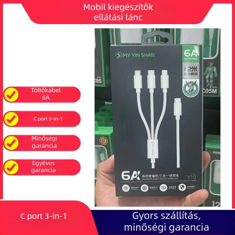 Y10 120W Gyors töltésű adatkábel 1-3-as elosztóval, Lightning, Micro USB és USB-C, 1,2 m