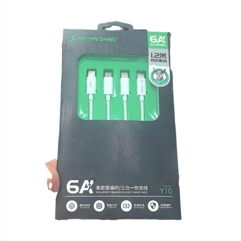 Y10 120W Gyors töltésű adatkábel 1-3-as elosztóval, Lightning, Micro USB és USB-C, 1,2 m