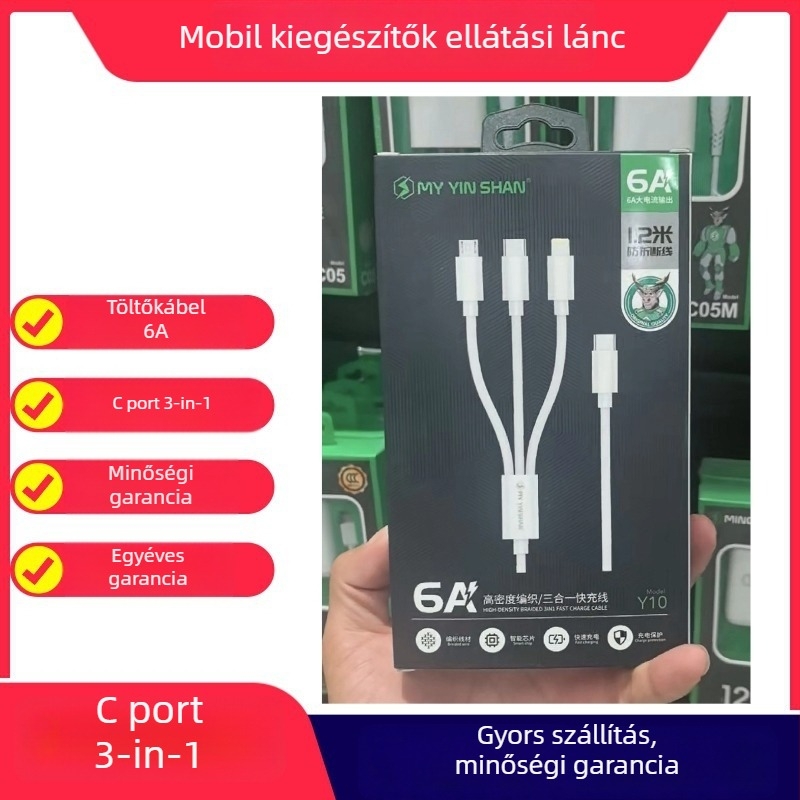Y10 120W Gyors töltésű adatkábel 1-3-as elosztóval, Lightning, Micro USB és USB-C, 1,2 m