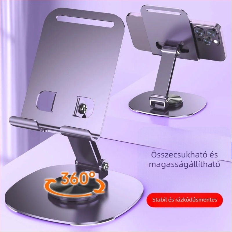 Asztali telefon- és tablet tartó — forgatható, összecsukható, ötvözetből készült, élő közvetítéshez