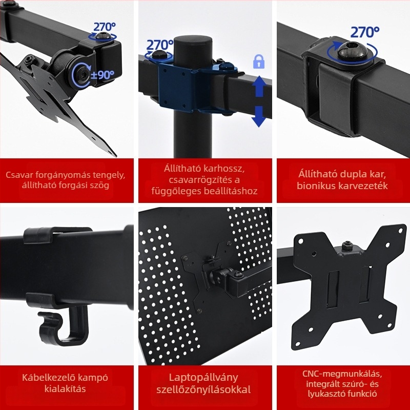 Duál-monitor asztali cantilever monitorállvány ZX-MT025N, vas, 4,6 kg, konzol és csavarkészlet