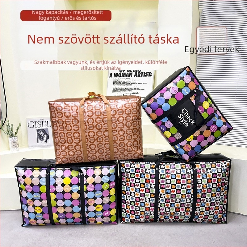 Nagy kapacitású takaró tároló táska, 175 g bevont nemszövött anyagból, kocka alakú, megerősített modell, csatos zárással, költöztetéshez