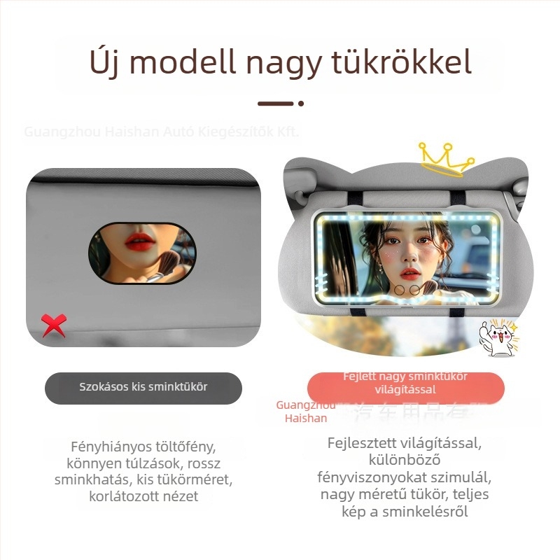 Autós napellenző LED smink tükör érintéses világítással (érintéses LED világítás; univerzális illeszkedés; csattos rögzítés; logó nyomtatás elérhető; testreszabható)