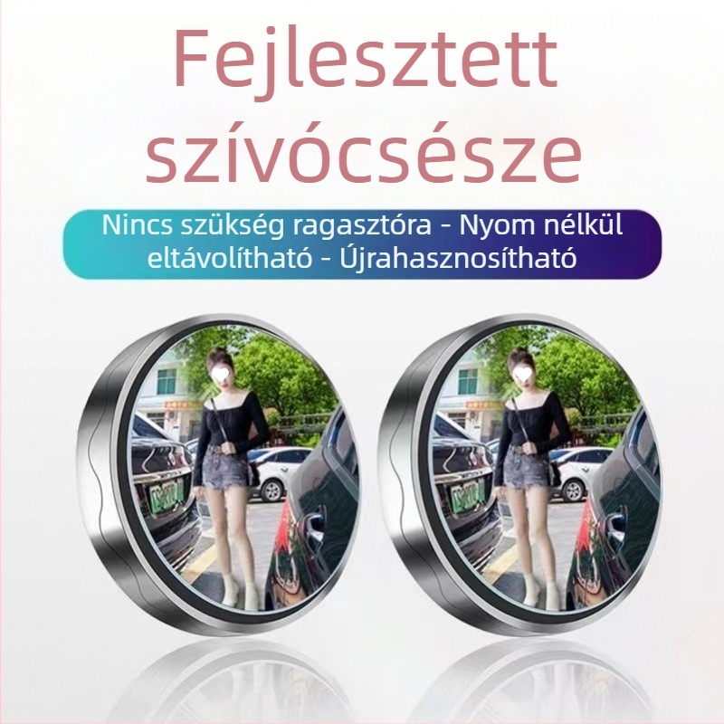 Szívócsészével ellátott hátrameneti tükör, kör alakú, átlátszó üveg, széles látómező, holttér segédtükör