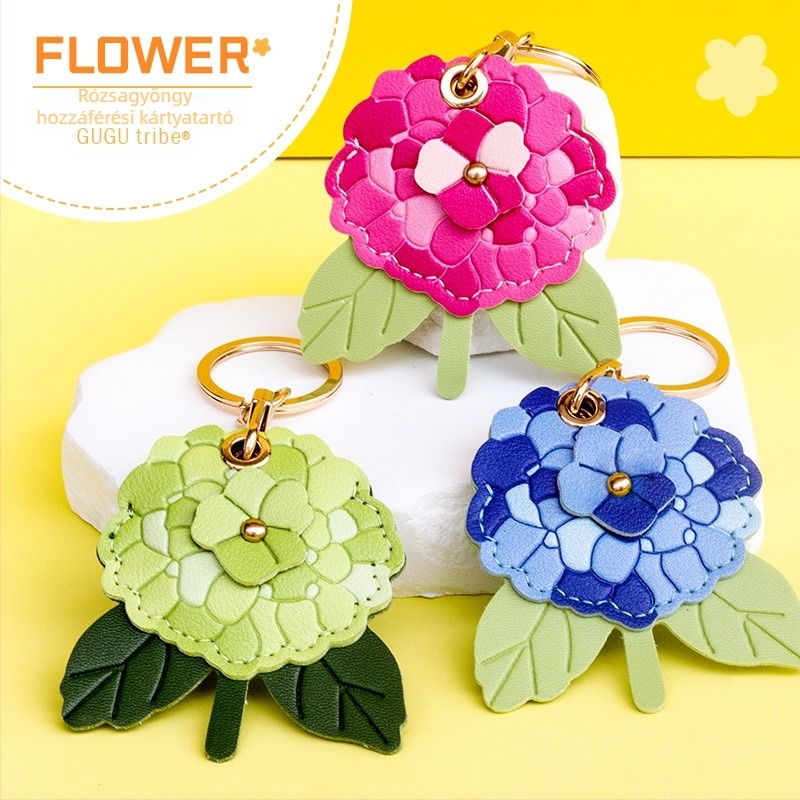 Kulcstartó hydrangea motívummal és kártyatartóval, bőr-ötvözet anyag, klasszikus stílus, Valentin-napi ajándék