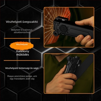 Autóablak-törő kalapács, multifunkciós LED zseblámpával és vészvilágítással, mágneses rögzítés, biztonsági öv vágó, ABS