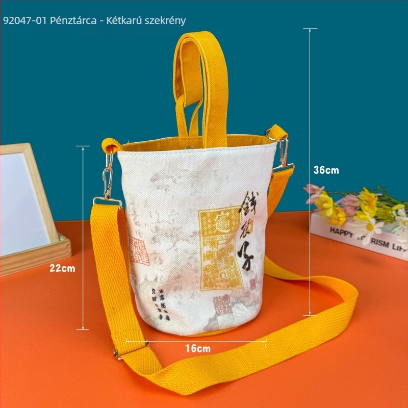 Uniszex vászon bucket táska húzózáras zsinóros záródással, belső zsebekkel (telefon, dokumentum, laptop, kamera) – őszi 2025