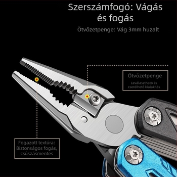 Körfejű kalapács – kültéri kempinghez készült multifunkcionális szerszám beépített kulccsal és fogóval, összecsukható, fej magas széntartalmú acélból, hossz 170 mm, tömeg 0,425 kg