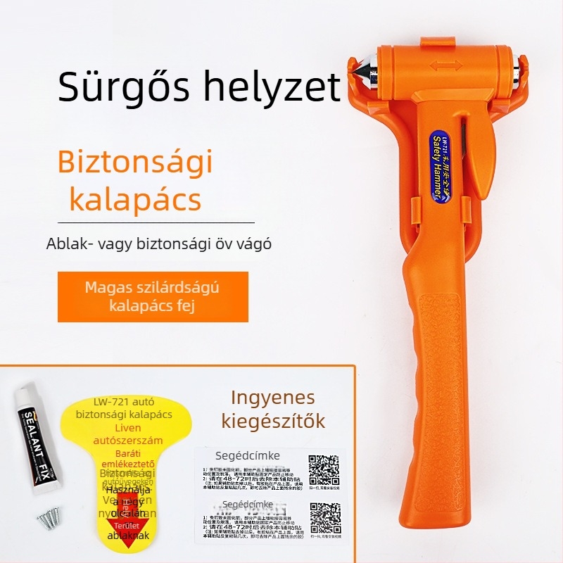 Autóba szerelhető biztonsági kalapács ablakrobbantóval és övvágóval – szénacél, márka Shunwei