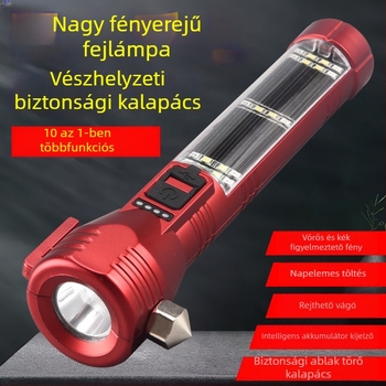 Biztonsági kalapácsos zseblámpa iránytűvel, autóba szerelhető, USB/napenergia töltés, 3W, 100–240 lm