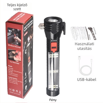 Biztonsági kalapácsos zseblámpa iránytűvel, autóba szerelhető, USB/napenergia töltés, 3W, 100–240 lm