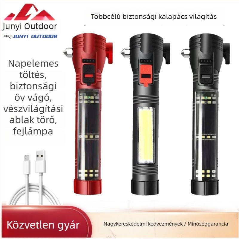 Biztonsági kalapácsos zseblámpa iránytűvel, autóba szerelhető, USB/napenergia töltés, 3W, 100–240 lm