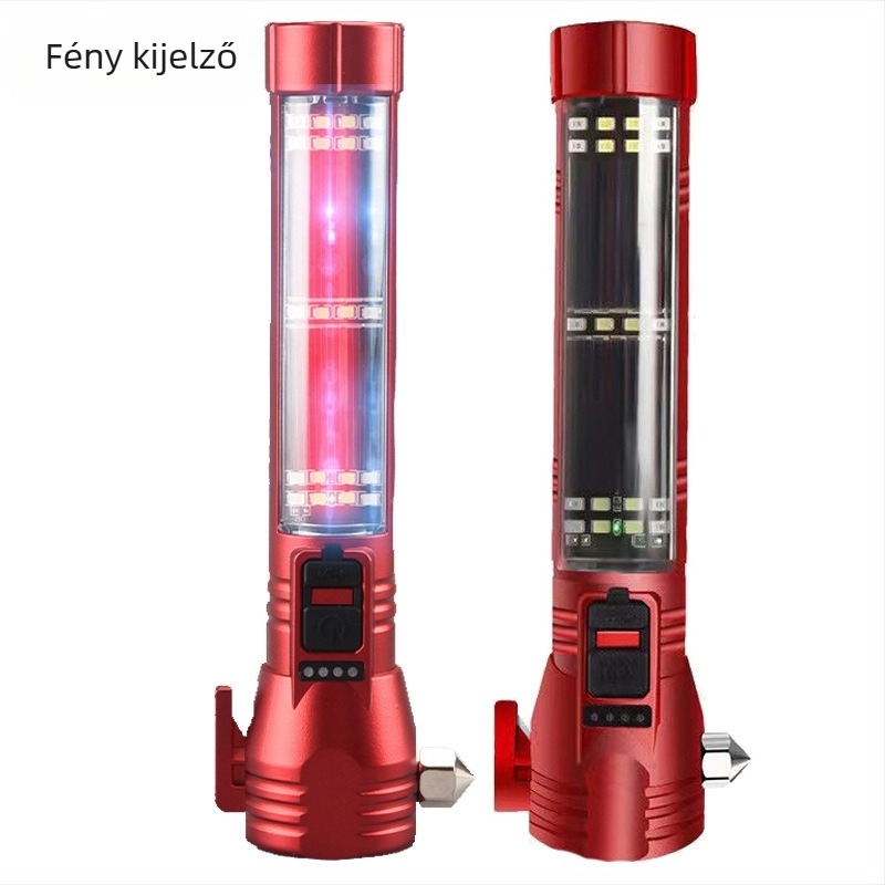 Biztonsági kalapácsos zseblámpa iránytűvel, autóba szerelhető, USB/napenergia töltés, 3W, 100–240 lm