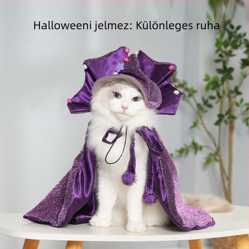 Háziállat transzformációs jelmez: Halloween köpeny-poncsó macskáknak — boszorkány, vámpír, denevér, varázslatos kalap — poliészter