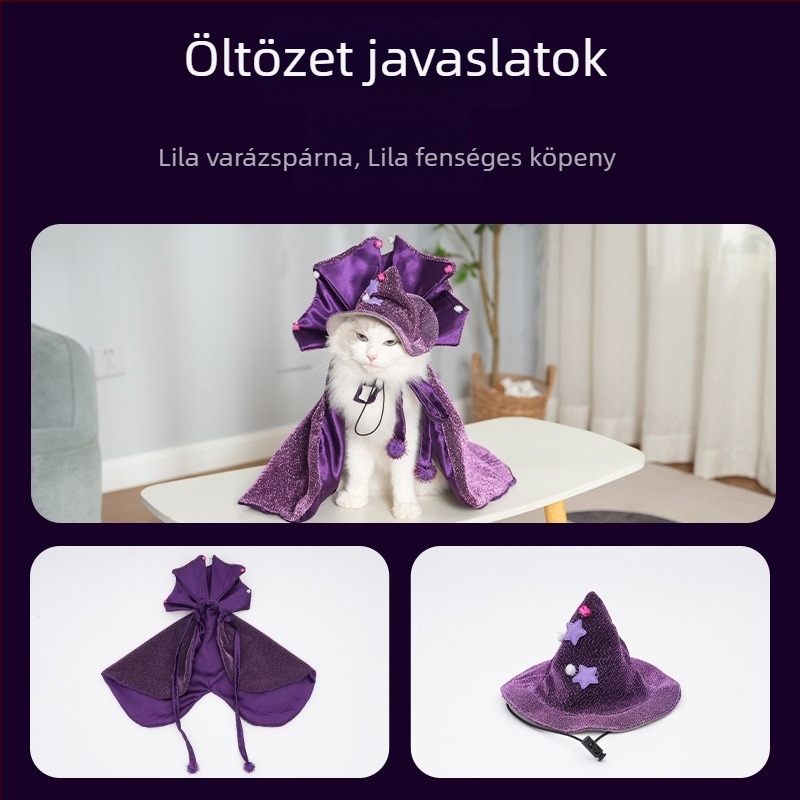 Háziállat transzformációs jelmez: Halloween köpeny-poncsó macskáknak — boszorkány, vámpír, denevér, varázslatos kalap — poliészter