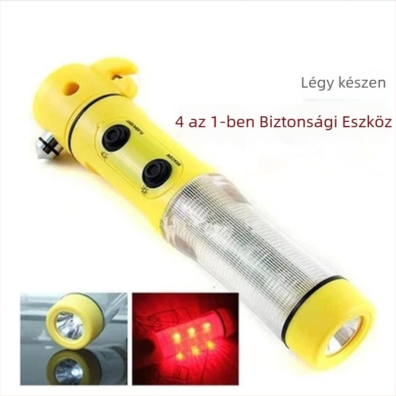 Autó 4 az 1-ben biztonsági kalapács: üvegnyitó, zseblámpa és figyelmeztető fény — Polyhedron; Anyag: műanyag; Eredet: Zhejiang; Súly: kb. 120 g; Testreszabás elérhető
