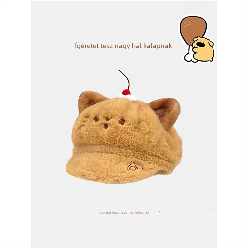 Beret-stílusú plüss sapka füllel és kacsa motívummal, pamut sál- és sapka két darabos készlet, kézzel rajzolt dizájn, tavaszra