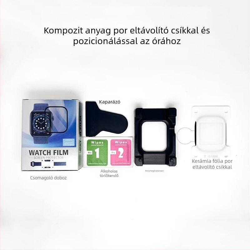 Apple Watch védőfólia pozicionálással és por eltávolításával, elülső membrán PMMA+PET, 42/45/46 mm