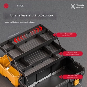 Háromrészes összecsukható műanyag szerszámtartó doboz, ipari minőség, járműre szerelhető, villanyszerelői tároláshoz