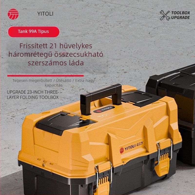 Háromrészes összecsukható műanyag szerszámtartó doboz, ipari minőség, járműre szerelhető, villanyszerelői tároláshoz