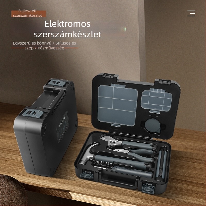 17 részes többfunkciós háztartási szerszámkészlet, magas széntartalmú acél eszközökkel és elektromos csavarhúzóval