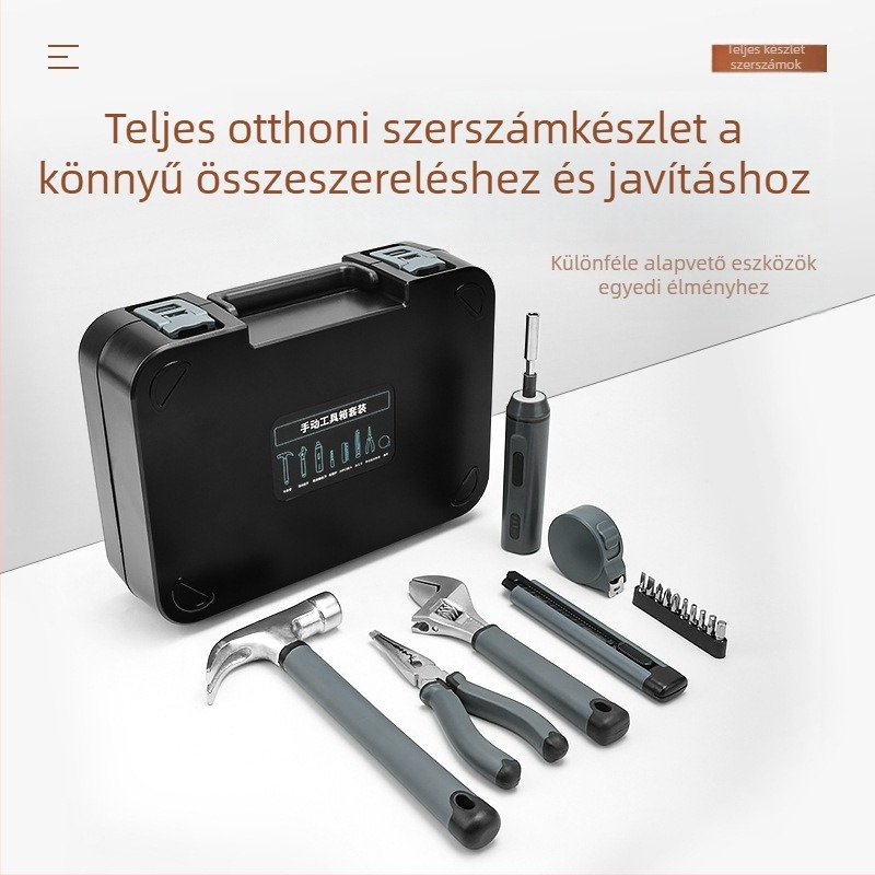 17 részes többfunkciós háztartási szerszámkészlet, magas széntartalmú acél eszközökkel és elektromos csavarhúzóval